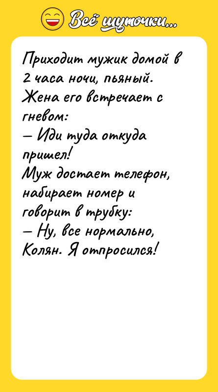 Приходит мужик домой в 2 часа ночи, пьяный. Жена его