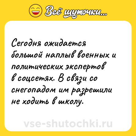 Шутка: Сегодня ожидается большой наплыв военных и политических экспертов в соцсетях. В связи со снегопадом им разрешили не ходить в школу.
