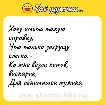 Шутка: Хочу иметь такую справку,  <br>Что только загрущу слегка -  <br>Ко мне везли котов, вискарик,  <br>Для обнимашек мужика.