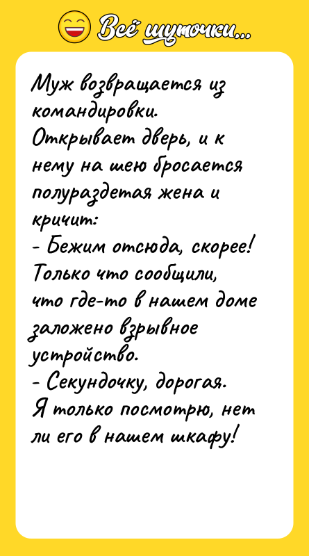 Муж возвращается из командировки. Открывает дверь, и к нему на