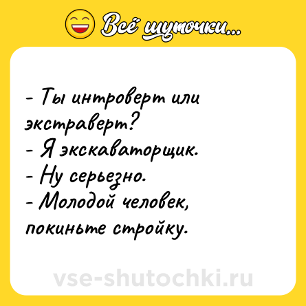 Шутка: - Ты интроверт или экстраверт?  <br>- Я экскаваторщик. <br>- Ну серьезно. <br>- Молодой человек, покиньте стройку.