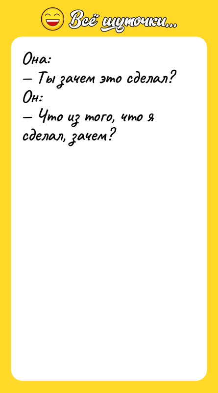 Она:<br/>— Ты зачем это сделал?<br/>Он:<br/>— Что из того, что я