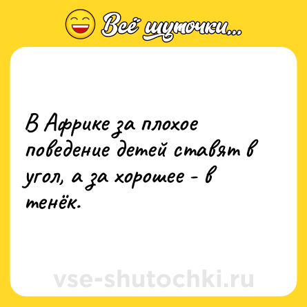 Шутка: В Африке за плохое поведение детей ставят в угол, а за хорошее - в тенёк.