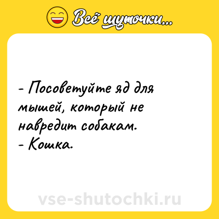 Шутка: - Посоветуйте яд для мышей, который не навредит собакам.<br>- Кошка.