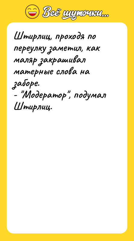 Штирлиц, проходя по переулку заметил, как маляр закрашивал матерные слова