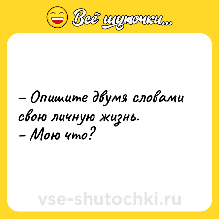 Шутка: – Опишите двумя словами свою личную жизнь. <br>– Мою что?