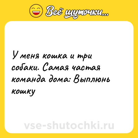 Шутка: У меня кошка и три собаки. Самая частая команда дома: Выплюнь кошку
