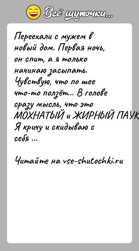 История: Переехали с мужем в новый дом. Первая ночь, он спит, а я только начинаю засыпать. Чувствую, что по шее что-то