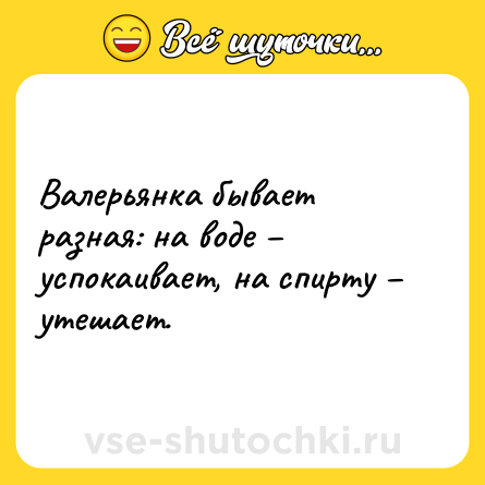 Шутка: Валерьянка бывает разная: на воде – успокаивает, на спирту – утешает.