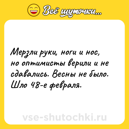 Шутка: Мерзли руки, ноги и нос, но оптимисты верили и не сдавались. Весны не было. Шло 48-е февраля.