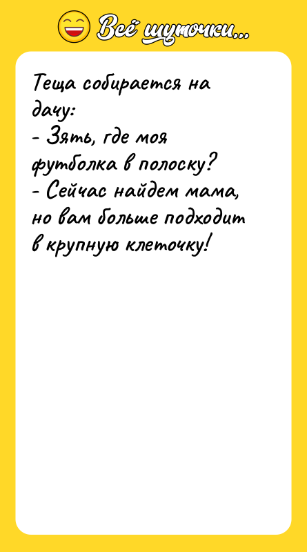 Теща собирается на дачу: - Зять, где моя футболка в