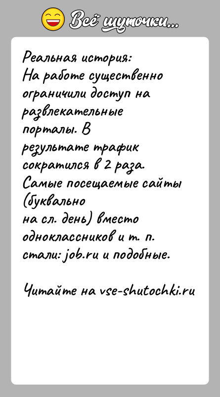 История: Реальная история:На работе существенно ограничили доступ на развлекательные порталы. Врезультате трафик сократился в 2 раза. Самые посещаемые сайты (буквальнона сл.