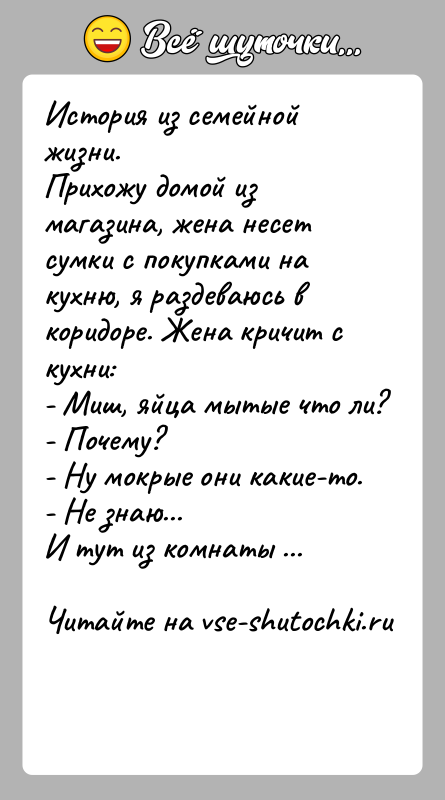 История: История из семейной жизни.Прихожу домой из магазина, жена несет сумки с покупками на кухню, я раздеваюсь в коридоре. Жена кричит
