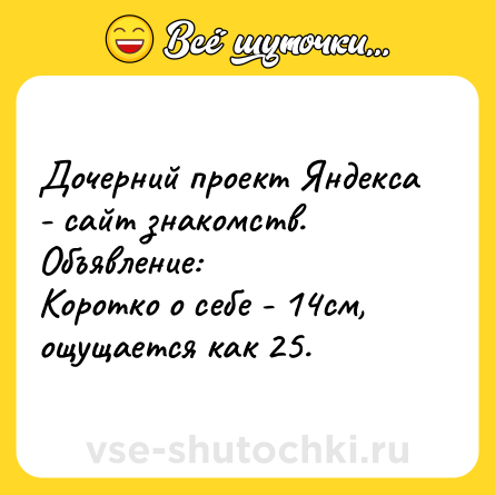 Шутка: Дочерний проект Яндекса - сайт знакомств.<br>Объявление:<br>Коротко о себе - 14см, ощущается как 25.
