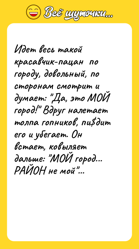 Идет весь такой красавчик-пацан по городу, довольный,