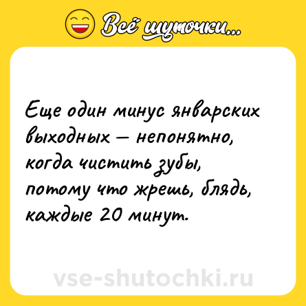Шутка: Еще один минус январских выходных — непонятно, когда чистить зубы, потому что жрешь, блядь, каждые 20 минут.