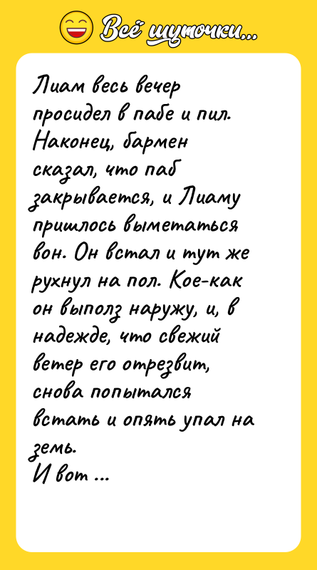 Лиам весь вечер просидел в пабе и пил. Наконец, бармен