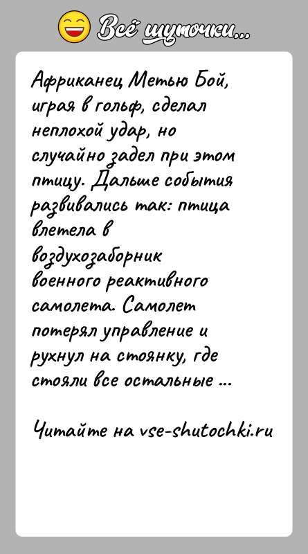 История: Африканец Метью Бой, играя в гольф, сделал неплохой удар, но случайно задел при этом птицу. Дальше события развивались так: птица