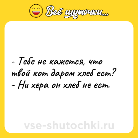 Шутка: - Тебе не кажется, что твой кот даром хлеб ест?<br>- Ни хера он хлеб не ест.
