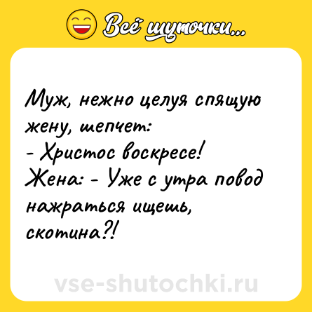 Шутка: Муж, нежно целуя спящую жену, шепчет:<br>- Христос воскресе!<br>Жена: - Уже с утра повод нажраться ищешь, скотина?!