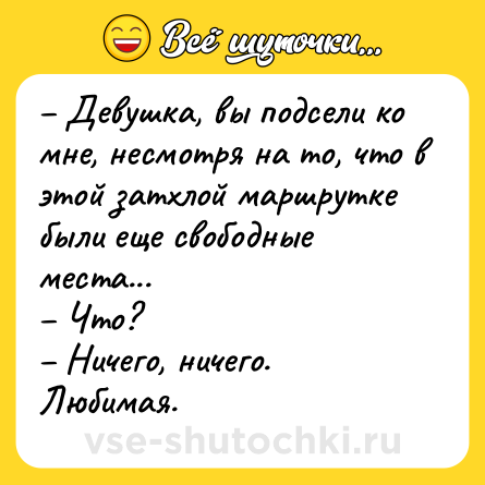 Шутка: – Девушка, вы подсели ко мне, несмотря на то, что в этой затхлой маршрутке были еще свободные места...<br>– Что?<br>– Ничего, ничего. Любимая.