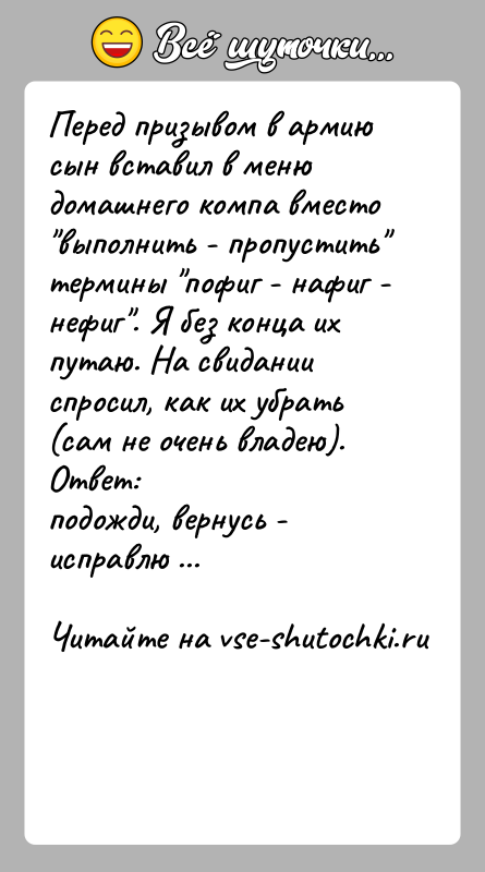 История: Перед призывом в армию сын вставил в меню домашнего компа вместо выполнить - пропустить термины пофиг - нафиг - нефиг . Я