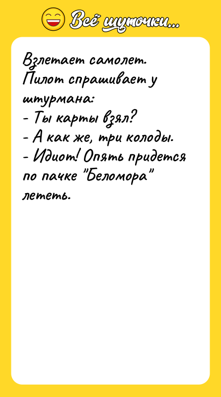 Взлетает самолет. Пилот спрашивает у штурмана: - Ты карты взял?