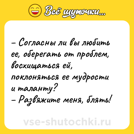 Шутка: – Согласны ли вы любить ее, оберегать от проблем, восхищаться ей, поклоняться ее мудрости и таланту? <br>– Развяжите меня, блять!