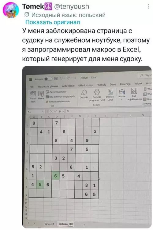 Excel — это не только для отчетов! 😎 - У меня заблокирована страница с судоку на служебном ноутбуке, поэтому