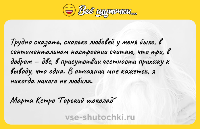 Цитата: Трудно сказать, сколько любовей у меня было, в сентиментальном настроении считаю, что три, в добром две, в присутствии честности прихожу к выводу, что одна. В отчаянии мне кажется, я никогда никого не любила.Марта Кетро Горький шоколад