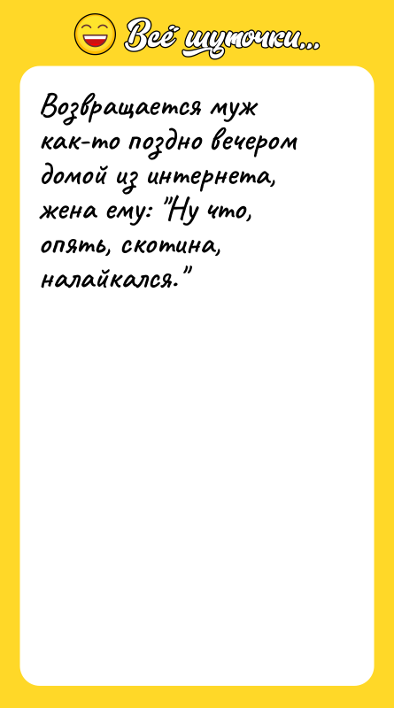 Возвращается муж как-то поздно вечером домой из интернета, жена ему: