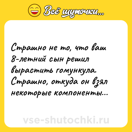 Шутка: Страшно не то, что ваш 8-летний сын решил вырастить гомункула. Страшно, откуда он взял некоторые компоненты…