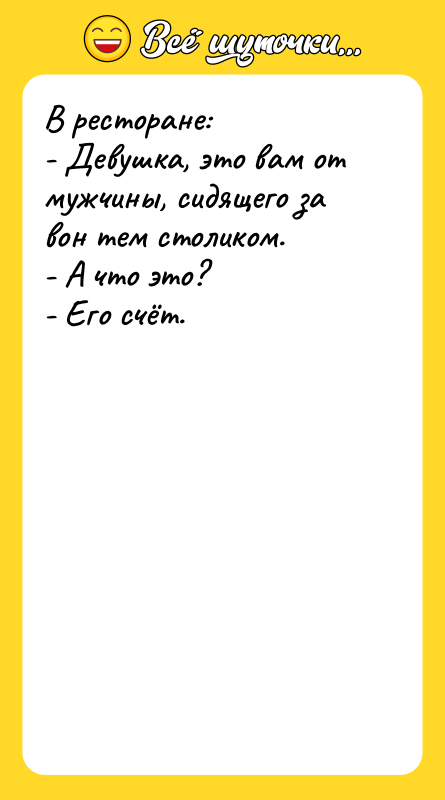 В ресторане: - Девушка, это вам от мужчины, сидящего