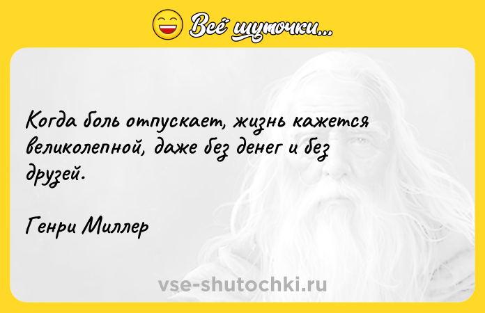 Цитата: Когда боль отпускает, жизнь кажется великолепной, даже без денег и без друзей.Генри Миллер