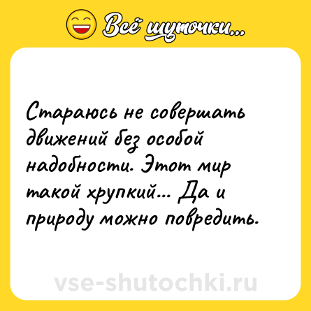 Шутка: Стараюсь не совершать движений без особой надобности. Этот мир такой хрупкий... Да и природу можно повредить.