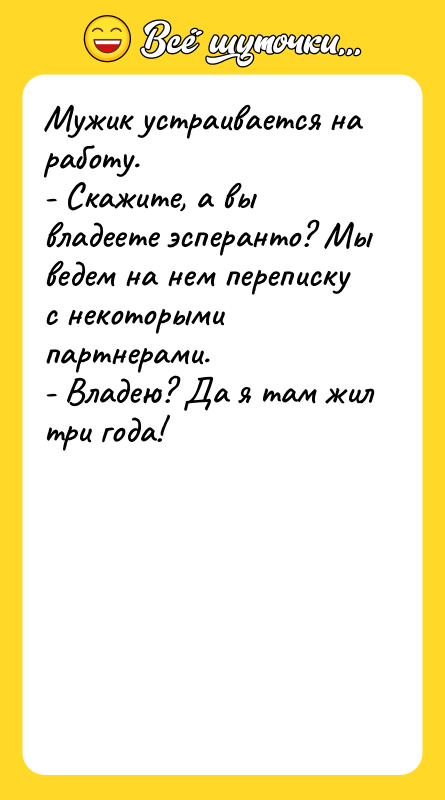 Мужик устраивается на работу. - Скажите, а вы владеете эсперанто?