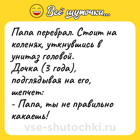 Шутка: Папа перебрал. Стоит на коленях, уткнувшись в унитаз головой.<br>Дочка (3 года), подглядывая на его, шепчет:<br>- Папа, ты не правильно какаешь!