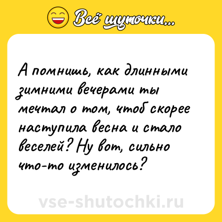 Шутка: А помнишь, как длинными зимними вечерами ты мечтал о том, чтоб скорее наступила весна и стало веселей? Ну вот, сильно что-то изменилось?