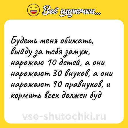 Шутка: Будешь меня обижать, выйду за тебя замуж, нарожаю 10 детей, а они нарожают 30 внуков, а они нарожают 90 правнуков, и кормить всех должен буд