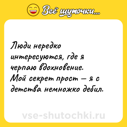 Шутка: Люди нередко интересуются, где я черпаю вдохновение. Мой секрет прост я с детства немножко дебил.