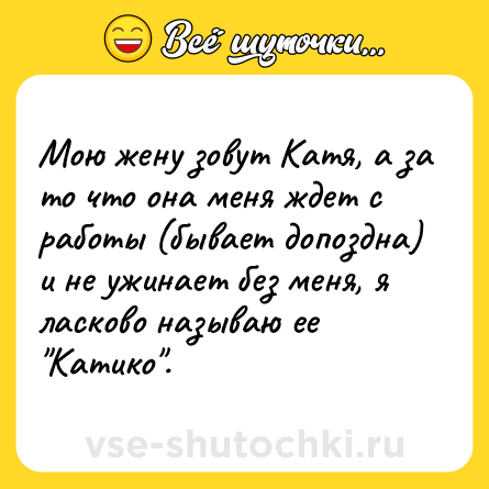 Шутка: Мою жену зовут Катя, а за то что она меня ждет с работы (бывает допоздна) и не ужинает без меня, я ласково называю ее 