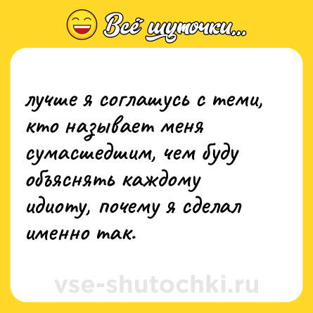 Шутка: лучше я соглашусь с теми, кто называет меня сумасшедшим, чем буду объяснять каждому идиоту, почему я сделал именно так.