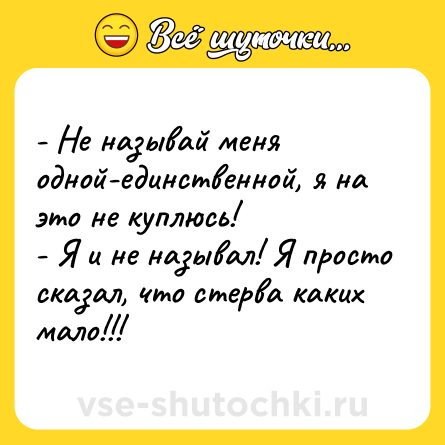 Шутка: - Не называй меня одной-единственной, я на это не куплюсь! <br>- Я и не называл! Я просто сказал, что стерва каких мало!!!