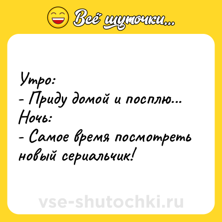 Шутка: Утро:<br>- Приду домой и посплю...<br>Ночь:<br>- Самое время посмотреть новый сериальчик!