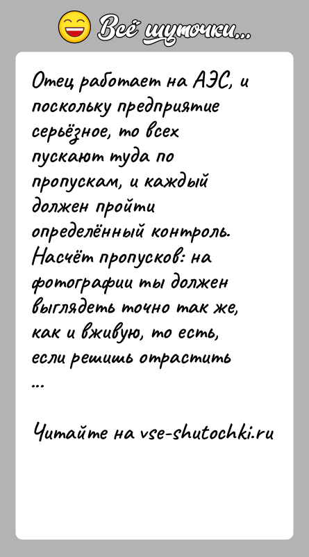История: Отец работает на АЭС, и поскольку предприятие серьёзное, то всех пускают туда по пропускам, и каждый должен пройти определённый контроль.Насчёт