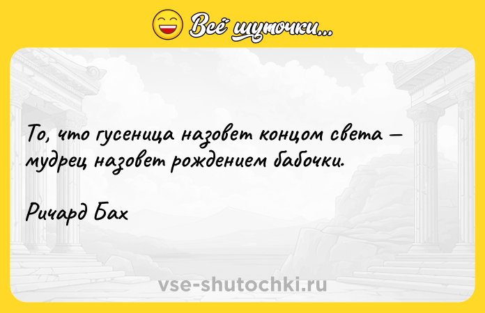 Цитата: То, что гусеница назовет концом света мудрец назовет рождением бабочки.Ричард Бах