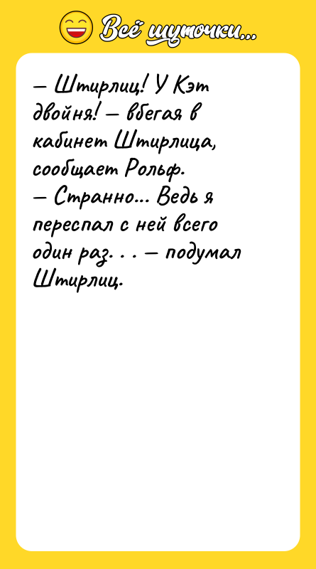 Штирлиц! У Кэт двойня! вбегая в кабинет Штирлица,