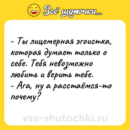 Шутка: - Ты лицемерная эгоистка, которая думает только о себе. Тебя невозможно любить и верить тебе.  <br>- Ага, ну а расстаёмся-то почему?