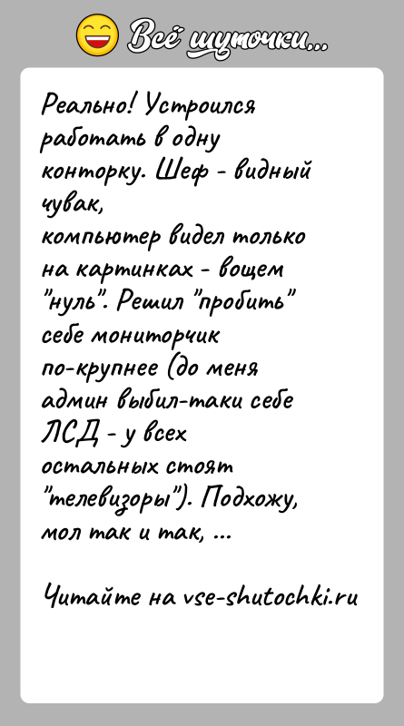 История: Реально! Устроился работать в одну конторку. Шеф - видный чувак,компьютер видел только на картинках - вощем нуль . Решил пробить себе мониторчик