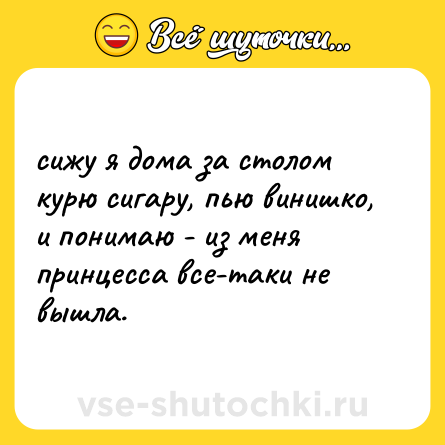 Шутка: сижу я дома за столом<br>курю сигару, пью винишко,<br>и понимаю - из меня<br>принцесса все-таки не вышла.
